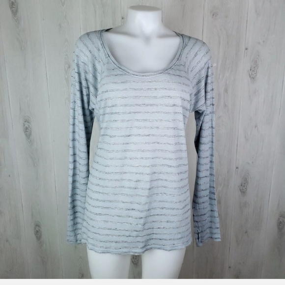 Athleta Tops - Athleta Size S Shiva Shimmer Long Sleeve Stripe Tee Scoop Neck 100% Linen